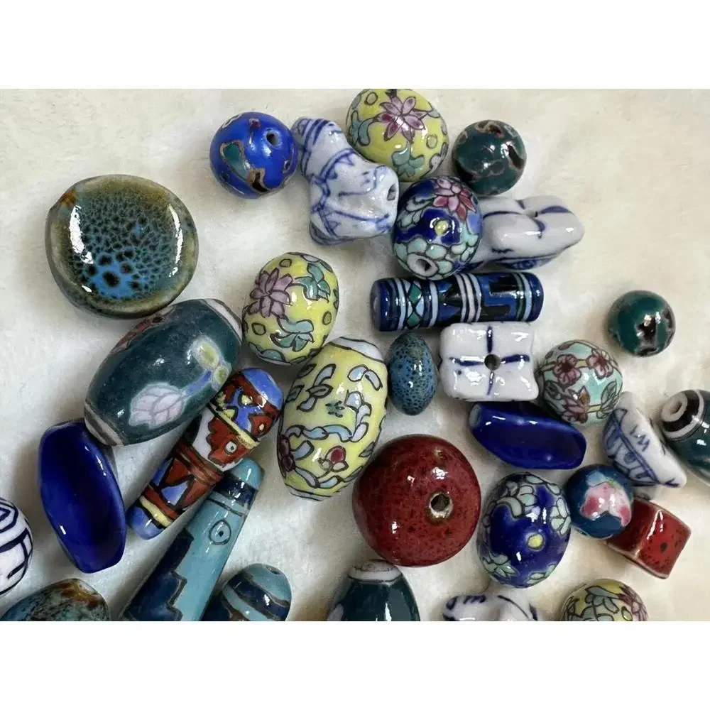 50 Ceramic Decorative Mix Beads Glossy Assorted Colors Sizes and Designs
